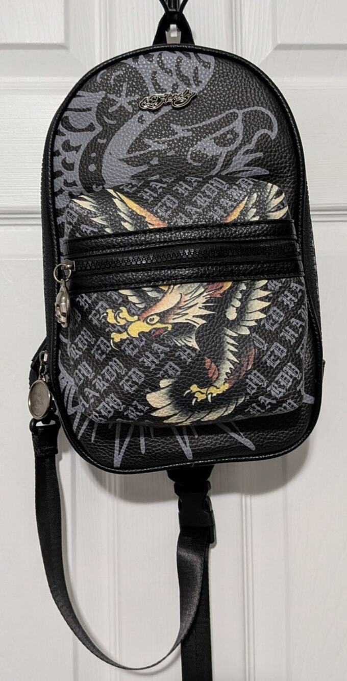 NWT Ed Hardy Eagle Tattoo Monogram Sling Bag Crossbody Backpack Black Y2K